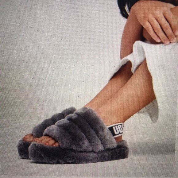 Ugg Supper Fluff Slipper Womens Shearling Slide Size 8/39 Gray NEW - Picture 1 of 11